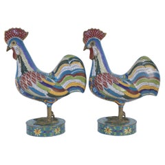 Pair of Antique Chinese Multi-Colored Cloisonne Rooster Sculptures