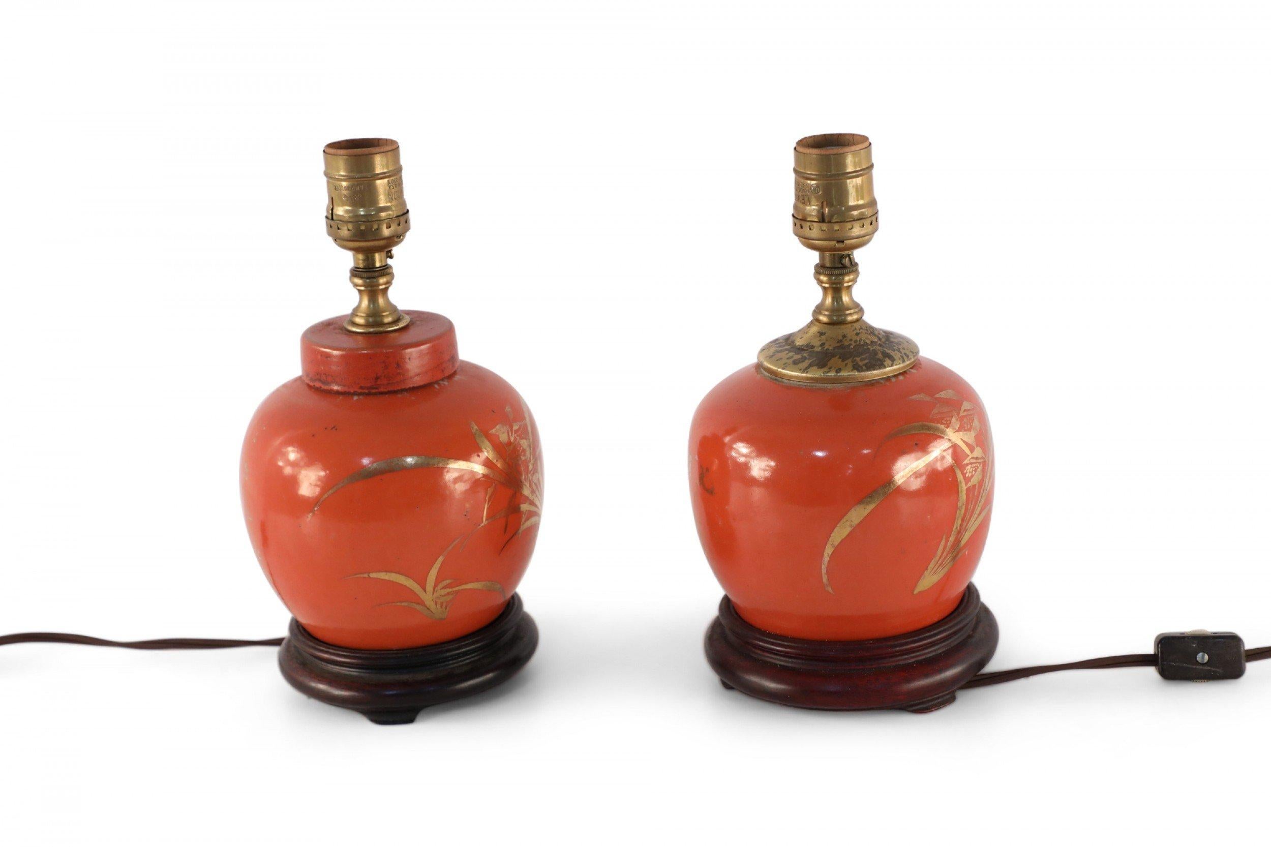 Chinese Export Pair of Antique Chinese Orange and Gold Bamboo Design Porcelain Table Lamps