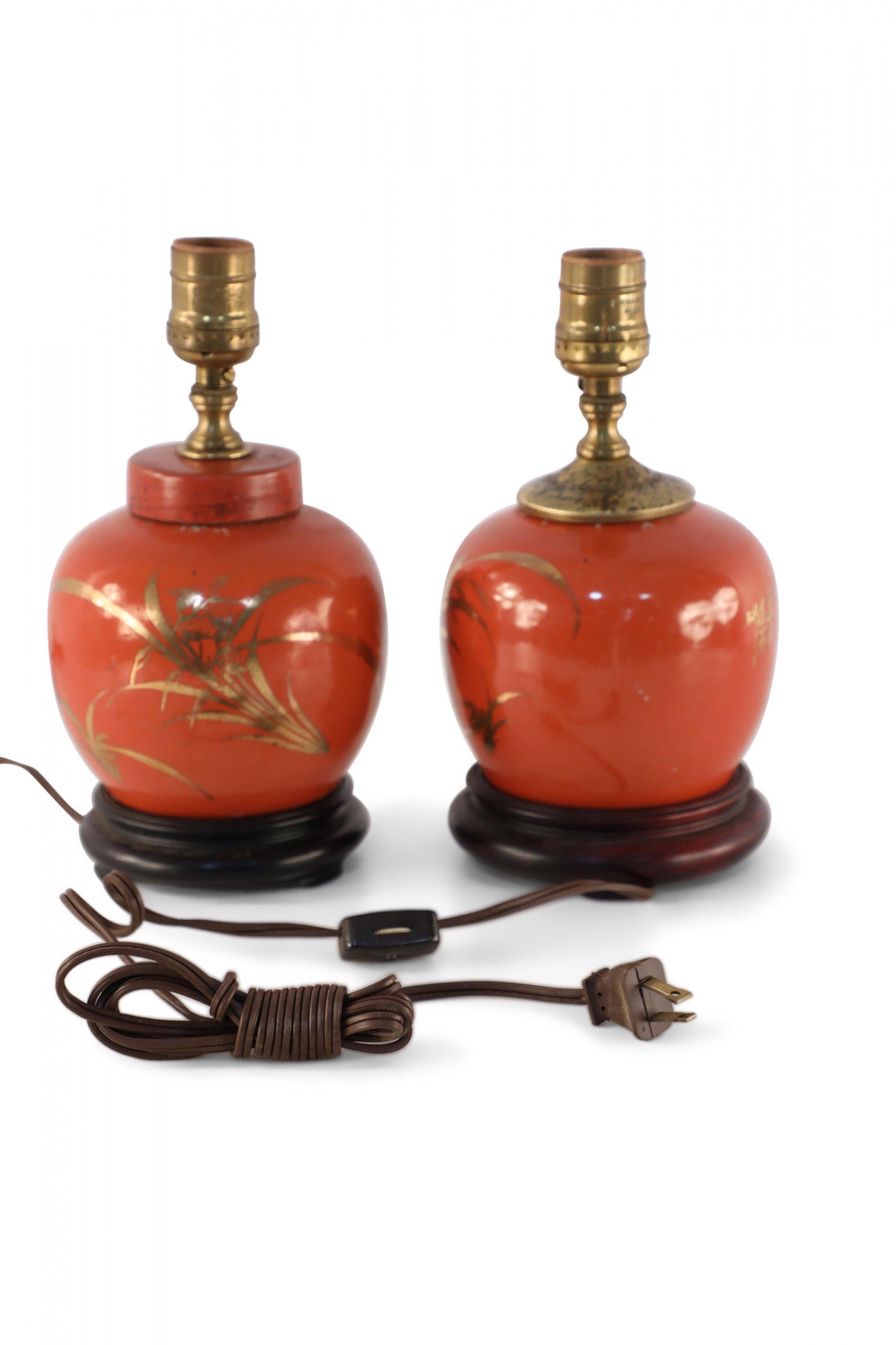 20th Century Pair of Antique Chinese Orange and Gold Bamboo Design Porcelain Table Lamps