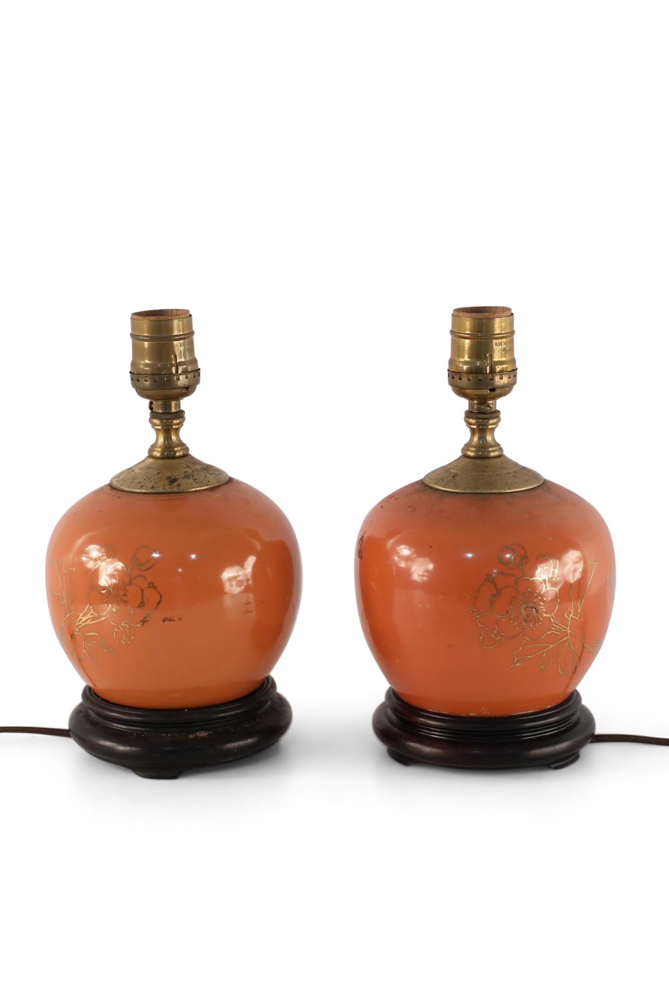 19th Century Pair of Antique Chinese Orange and Gold Floral Round Porcelain Table Lamps For Sale