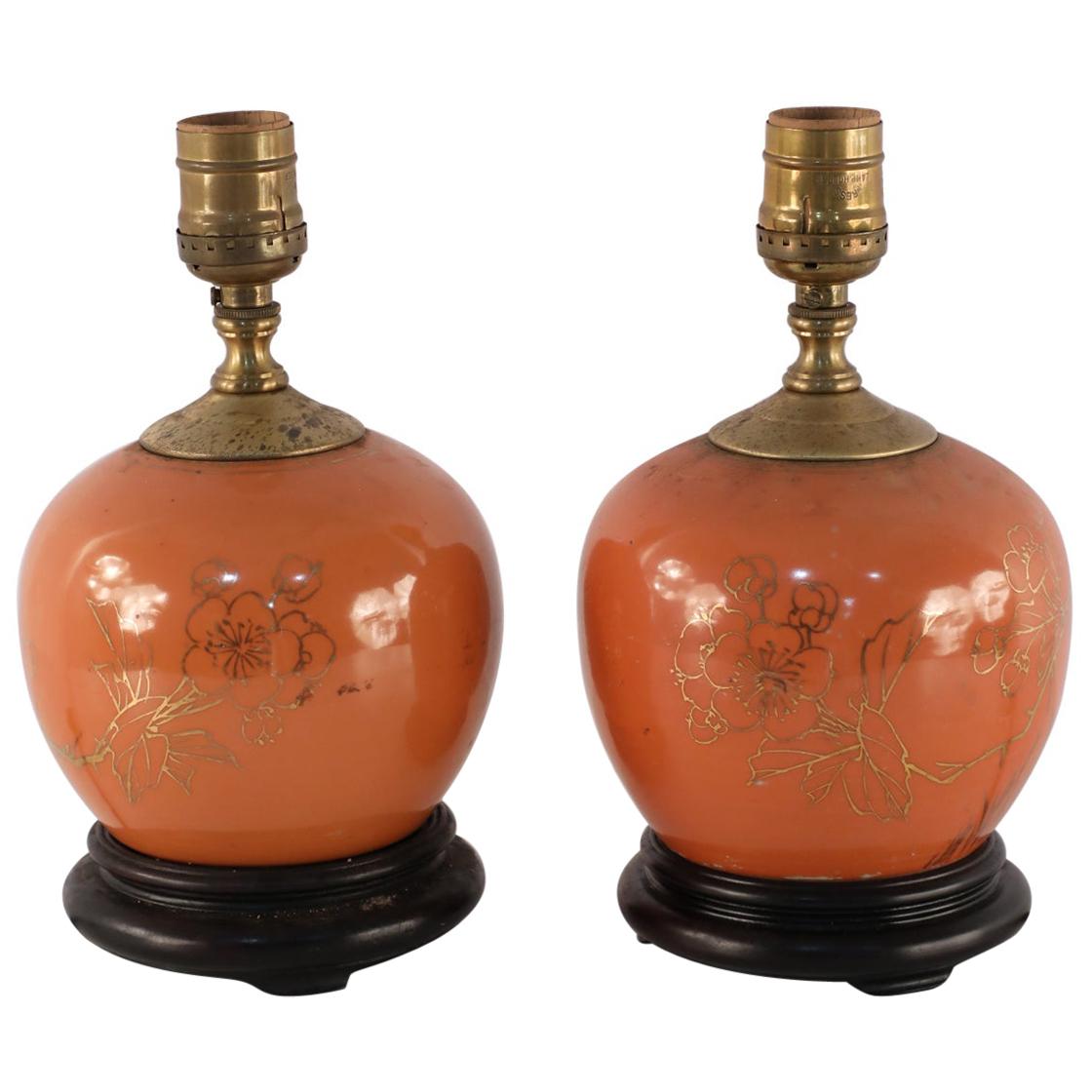 Pair of Antique Chinese Orange and Gold Floral Round Porcelain Table Lamps