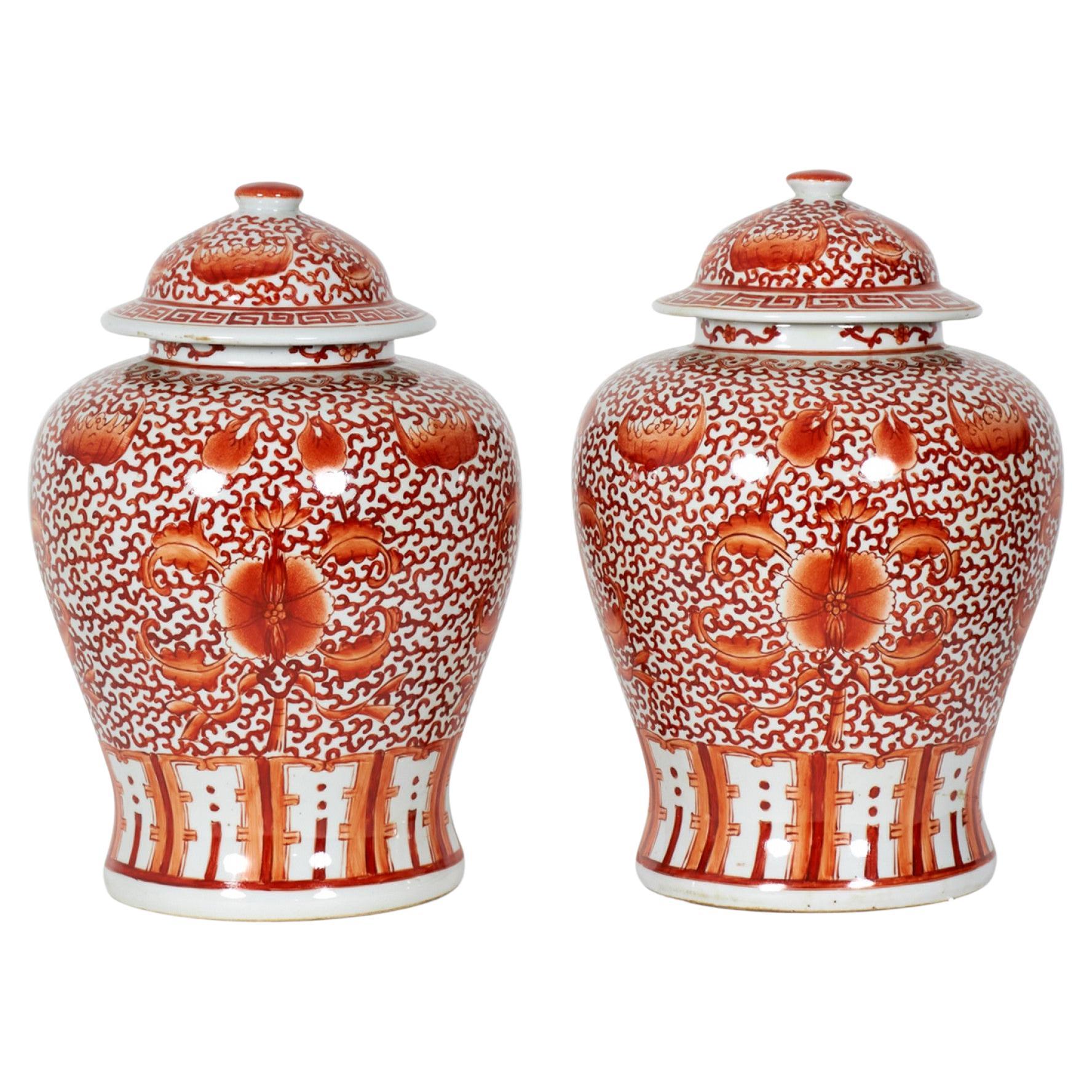 Pair of Antique Chinese Orange and White Design Porcelain Ginger Jars