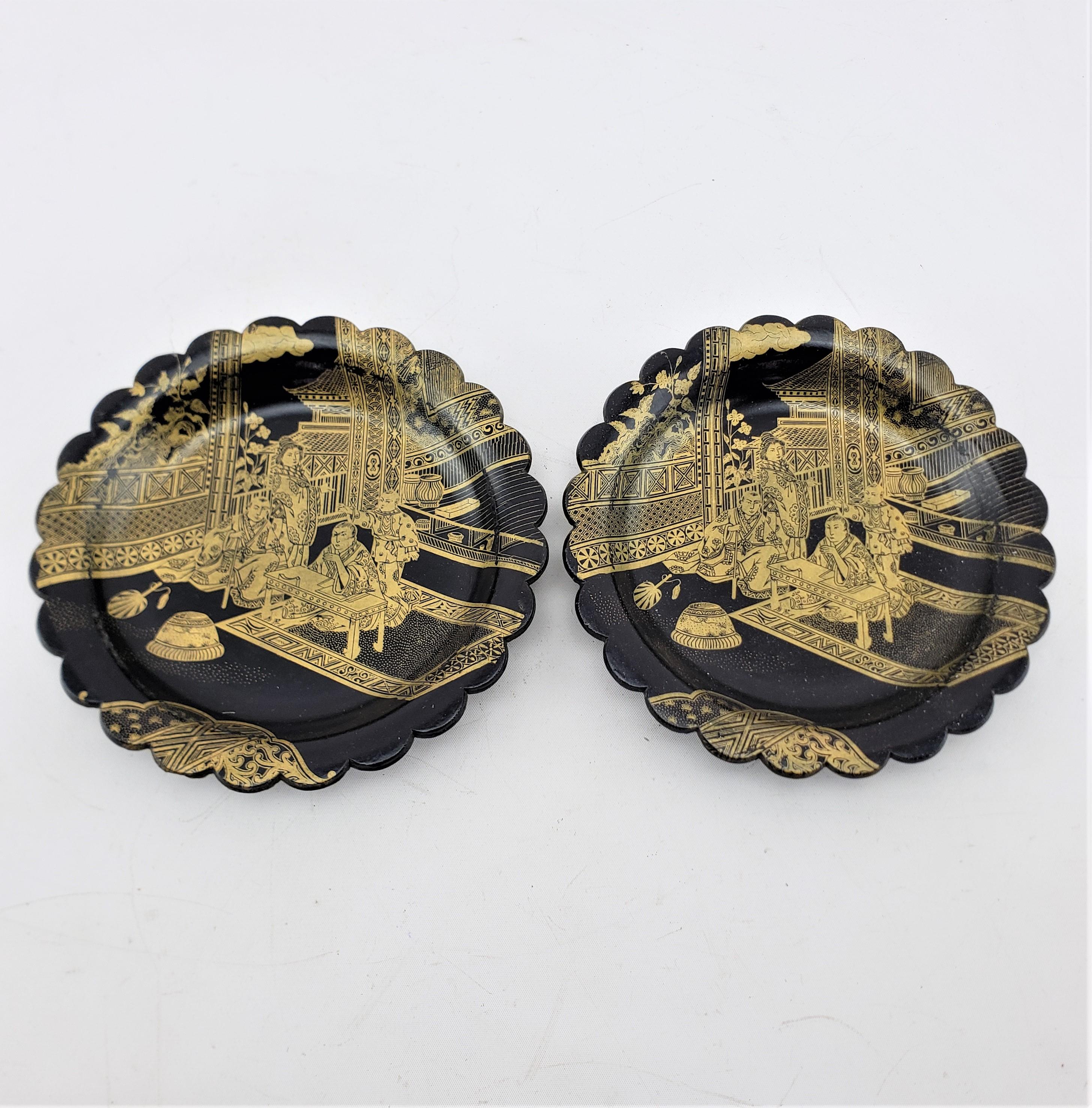 Chinese Export Pair of Antique Chinese Paper Mache Bottle Coasters with Gilt Decoration For Sale