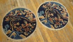 1920s Blue Birds Art Deco Pair of Chinese Peking Carpets 2'x2' Knotted Wool Rugs