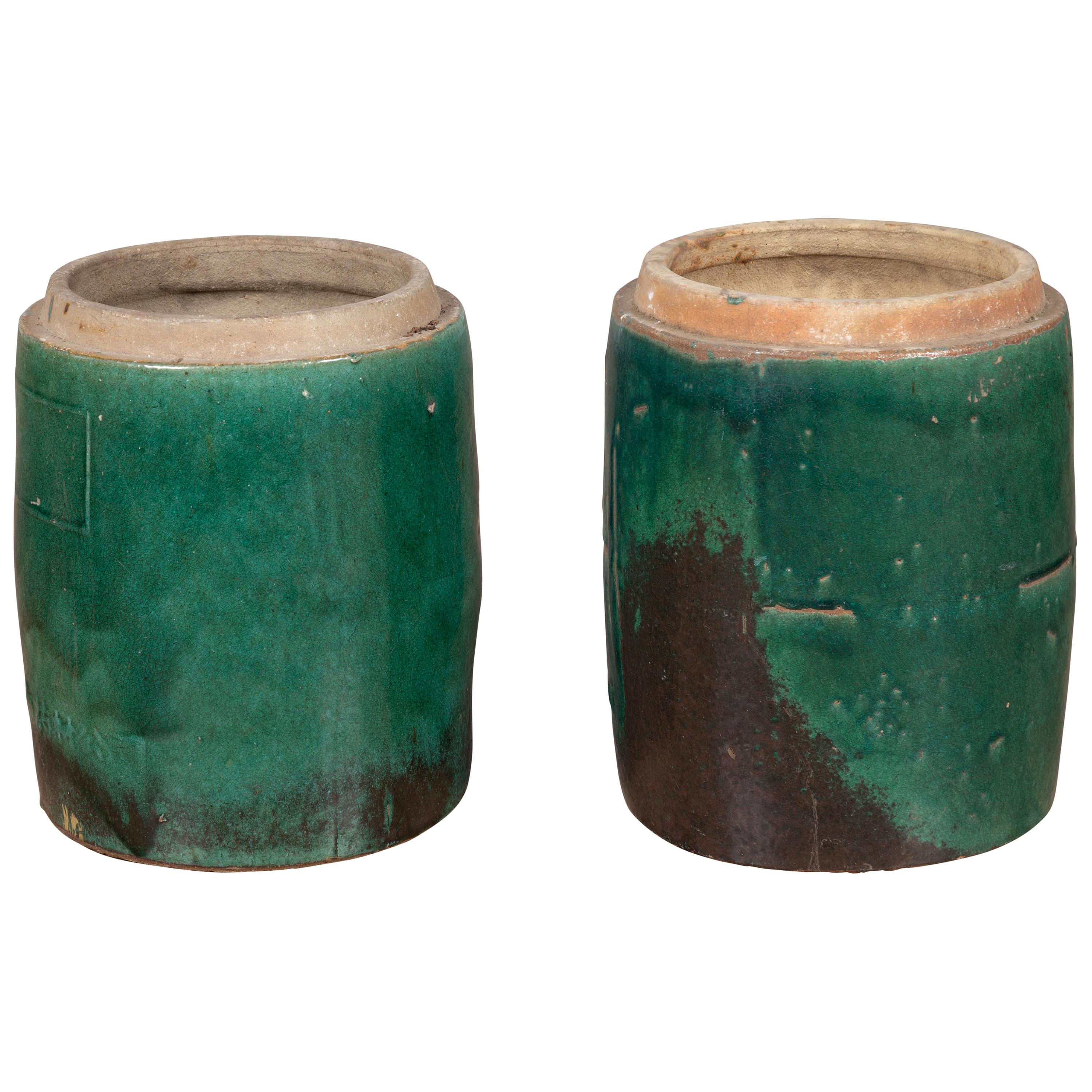 Pair of Antique Chinese Planters with Green Glazed Décor from the Hunan Province