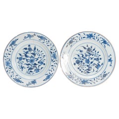 Pair of Antique Chinese Porcelain Blue And White Gilt Flowers Dishes, 18C