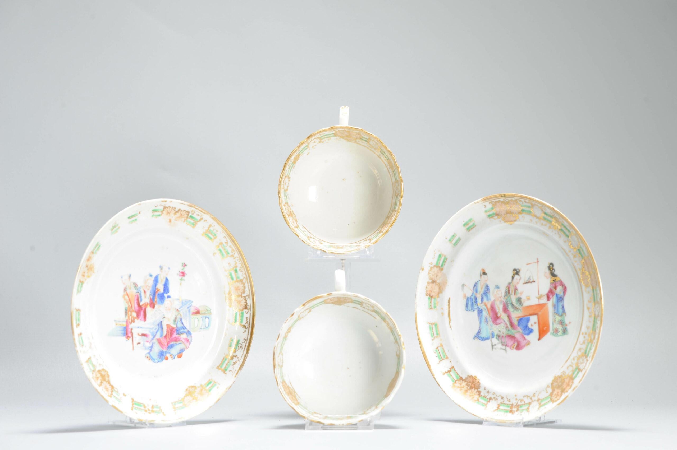 Asian Pair of Antique Chinese Porcelain Cantonese Cup & Dish Figures Qing Daoguang For Sale