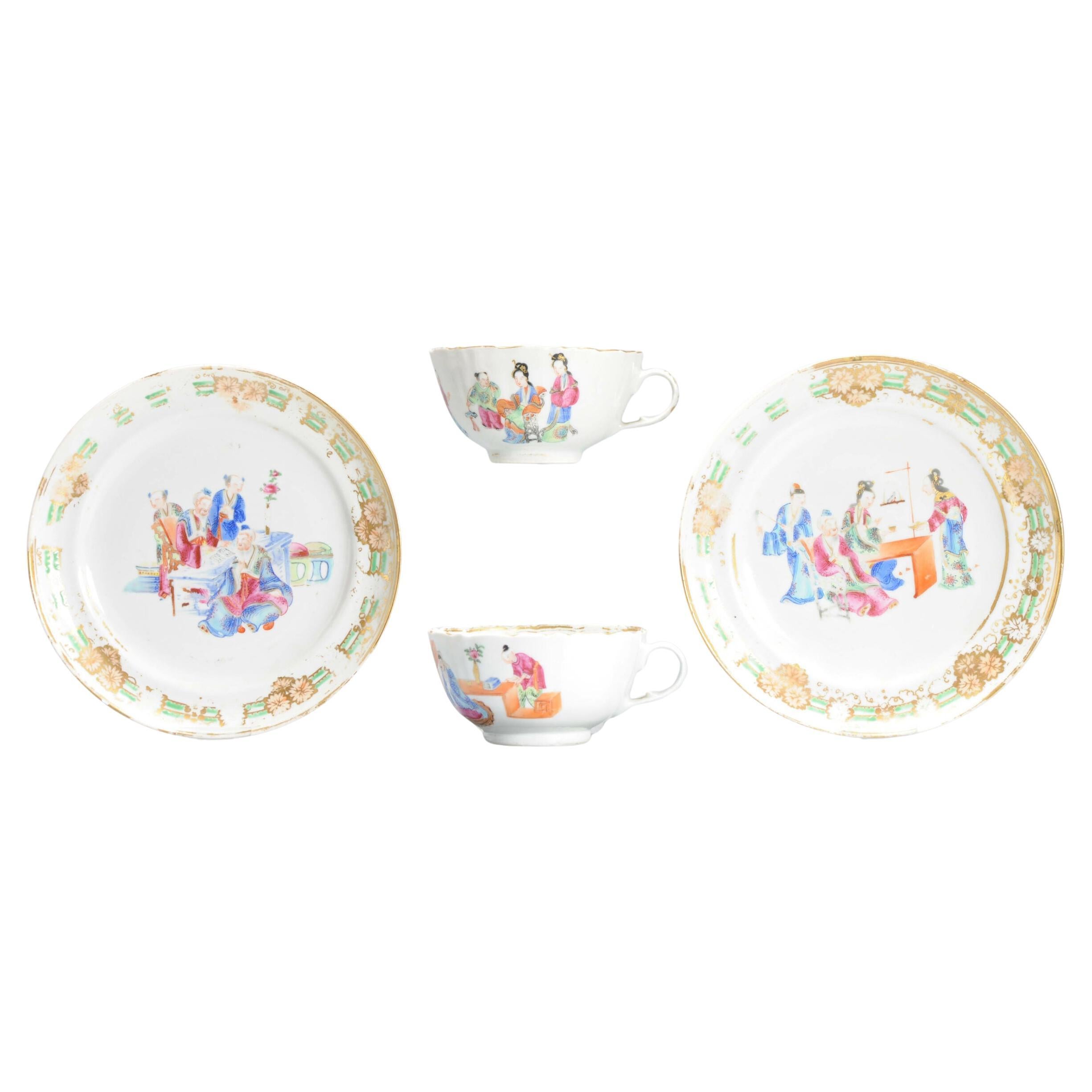 Pair of Antique Chinese Porcelain Cantonese Cup & Dish Figures Qing Daoguang For Sale