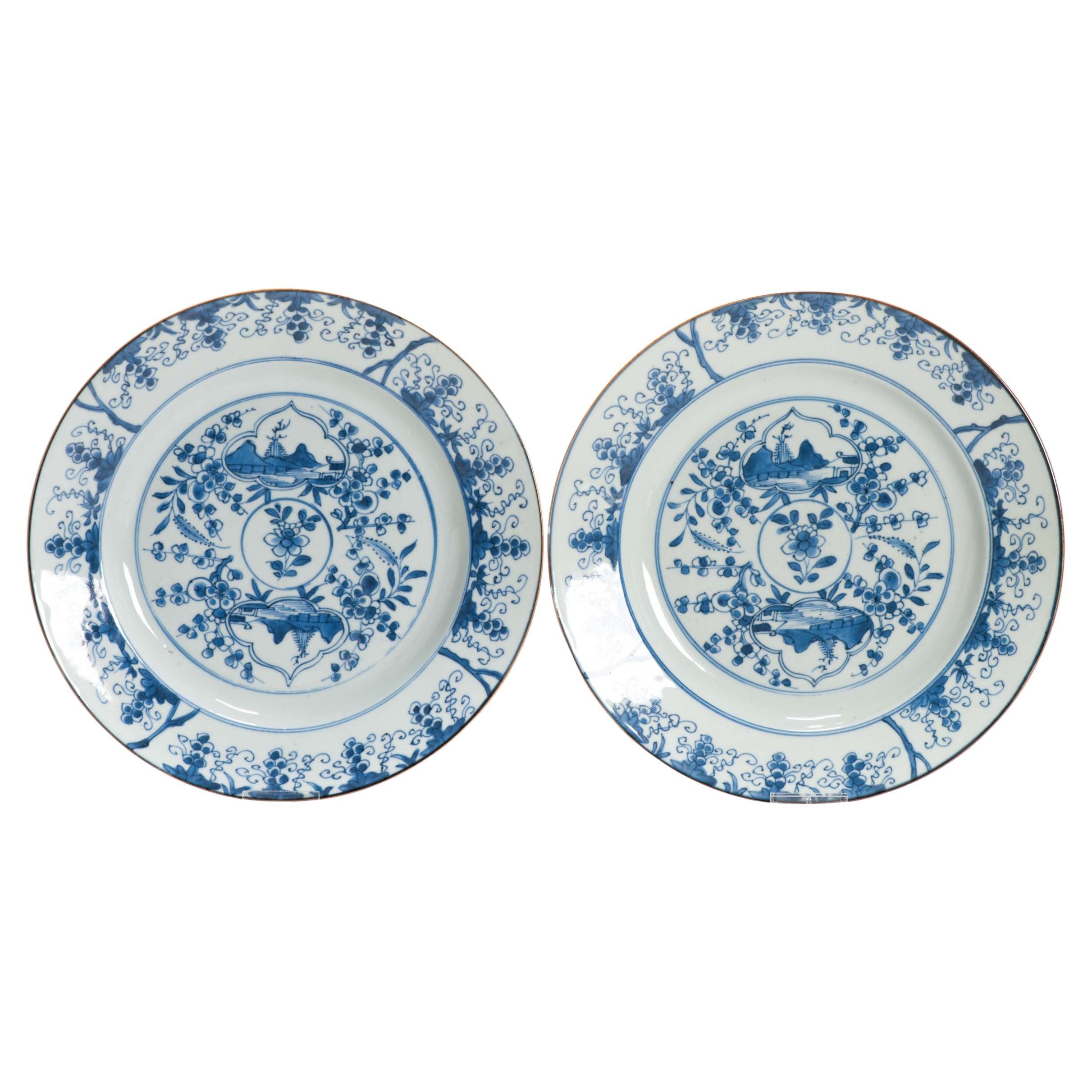 Pair of Antique Chinese Porcelain Dishes in Blue White Landscape Prunus, 18th C.