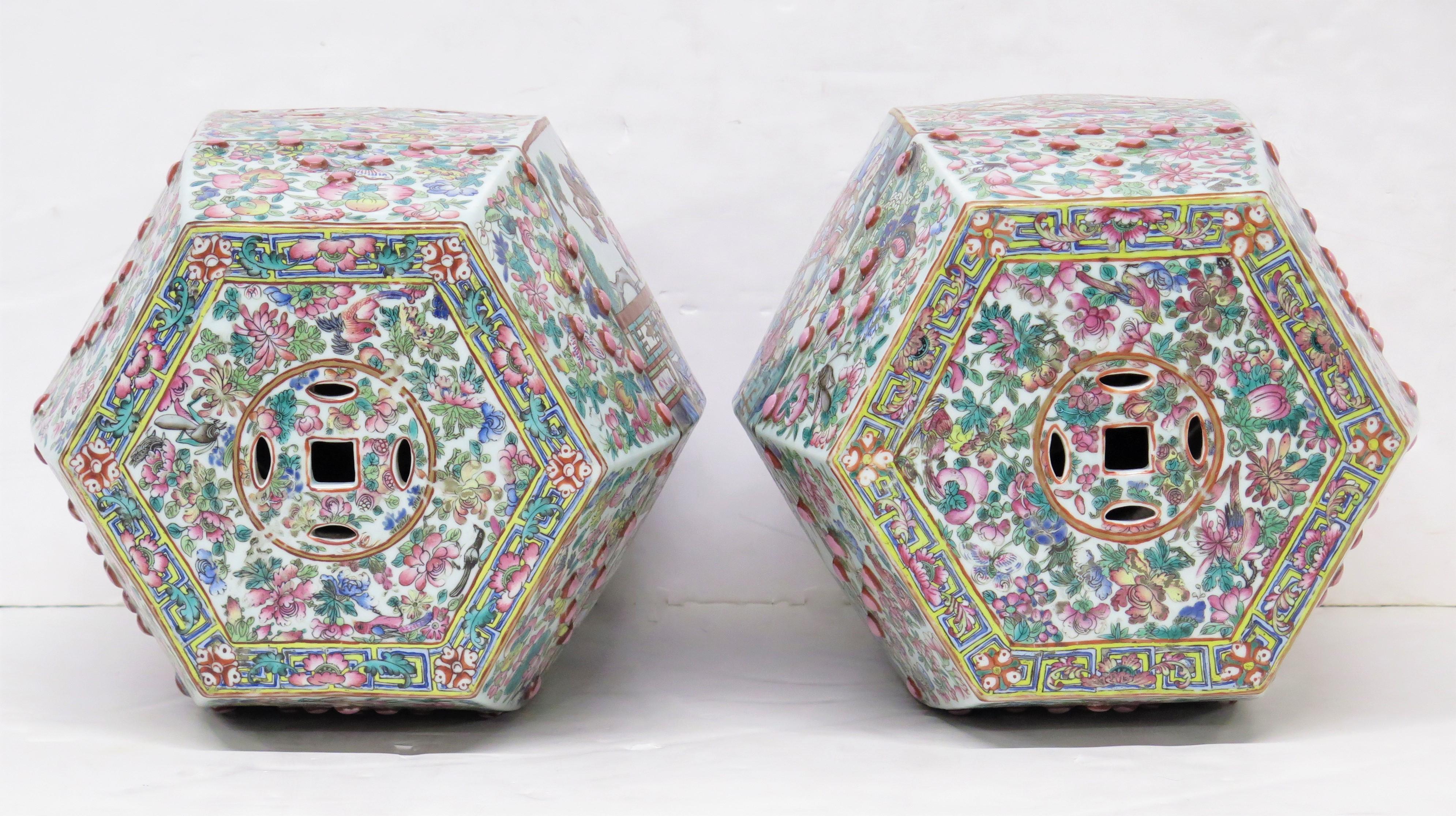 Pair of Antique Chinese Porcelain Faceted Barrel Shaped Garden Seats Family Rose For Sale 6