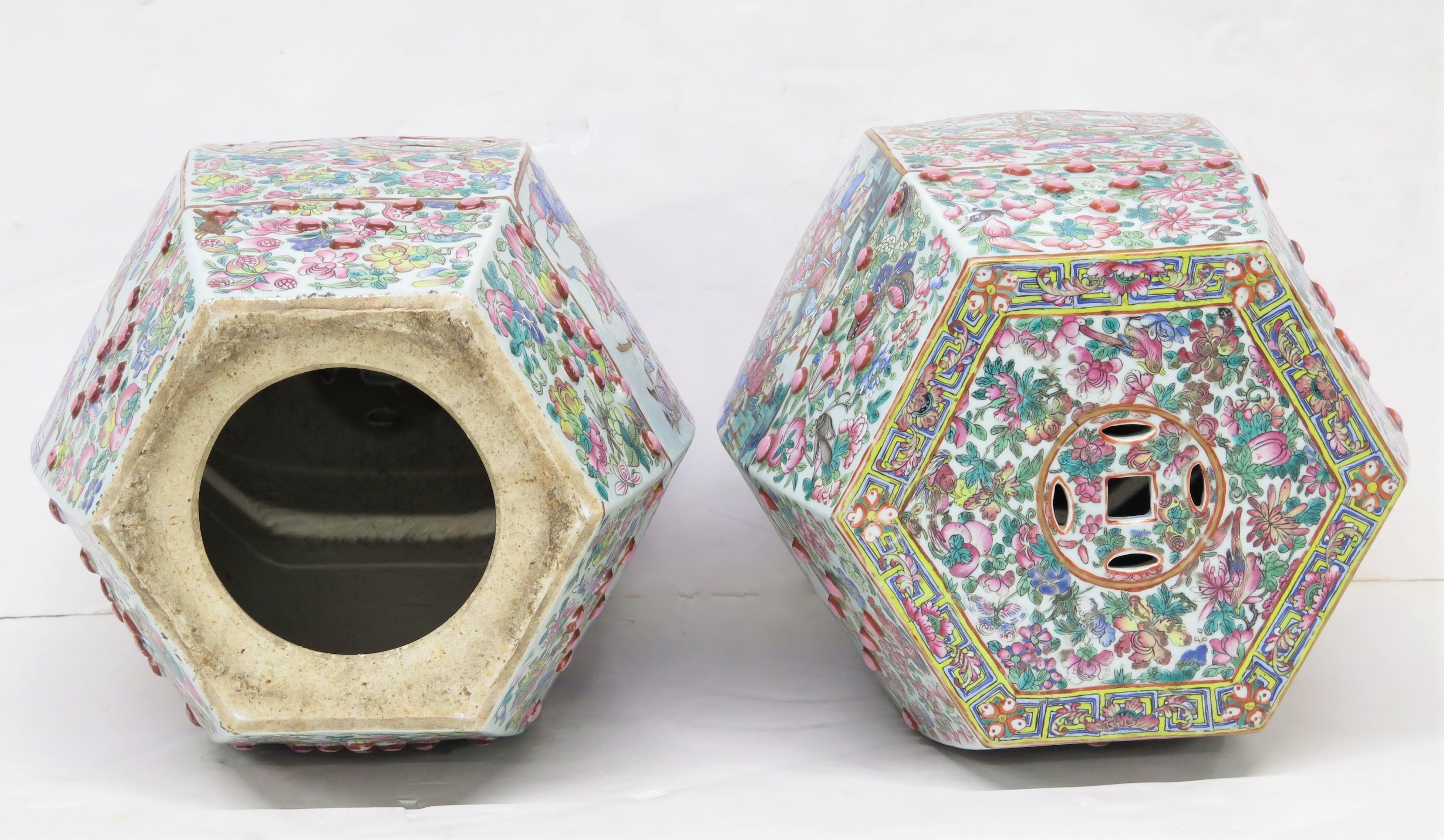 Pair of Antique Chinese Porcelain Faceted Barrel Shaped Garden Seats Family Rose For Sale 7