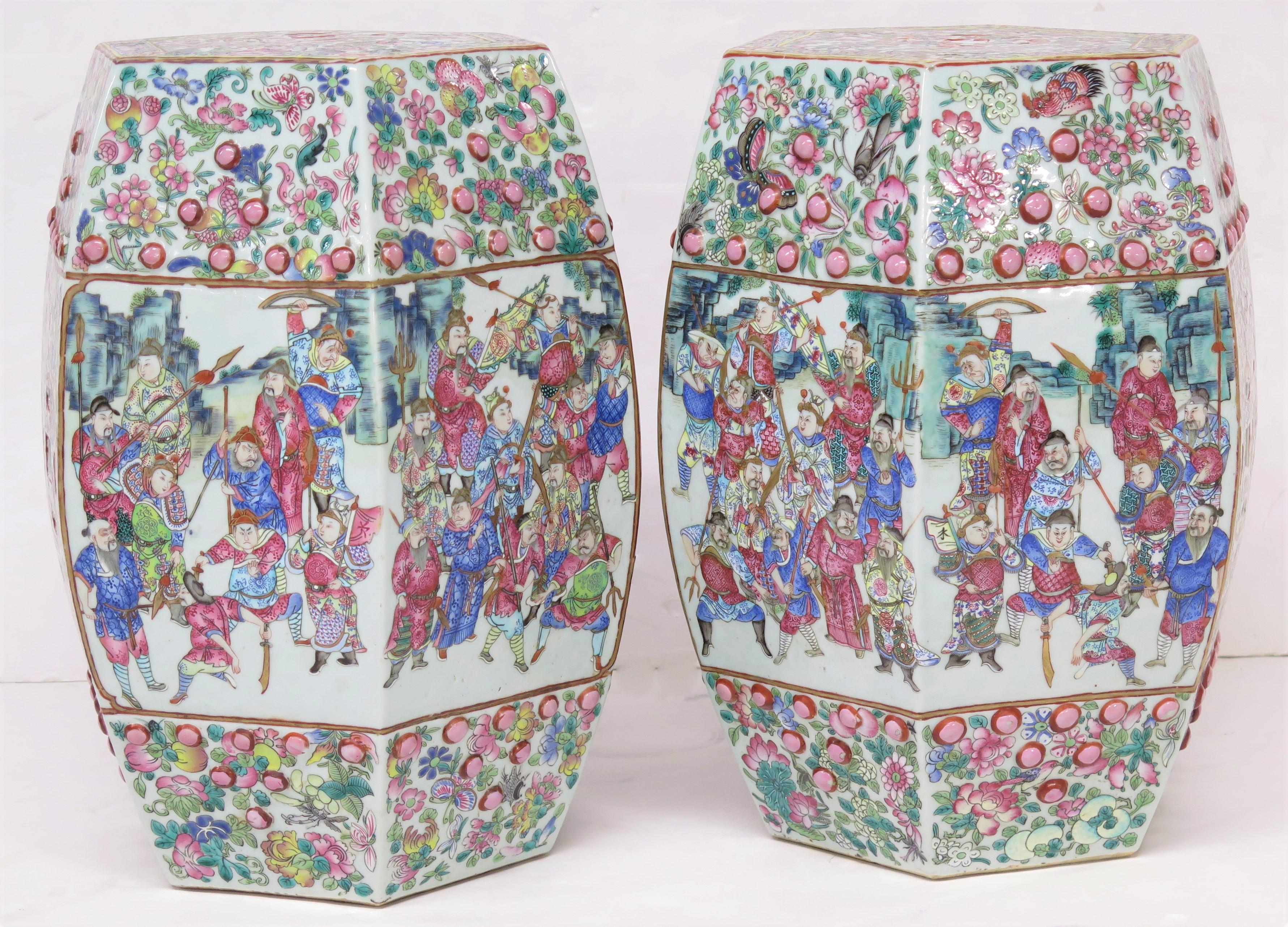 Chinese Export Pair of Antique Chinese Porcelain Faceted Barrel Shaped Garden Seats Family Rose For Sale