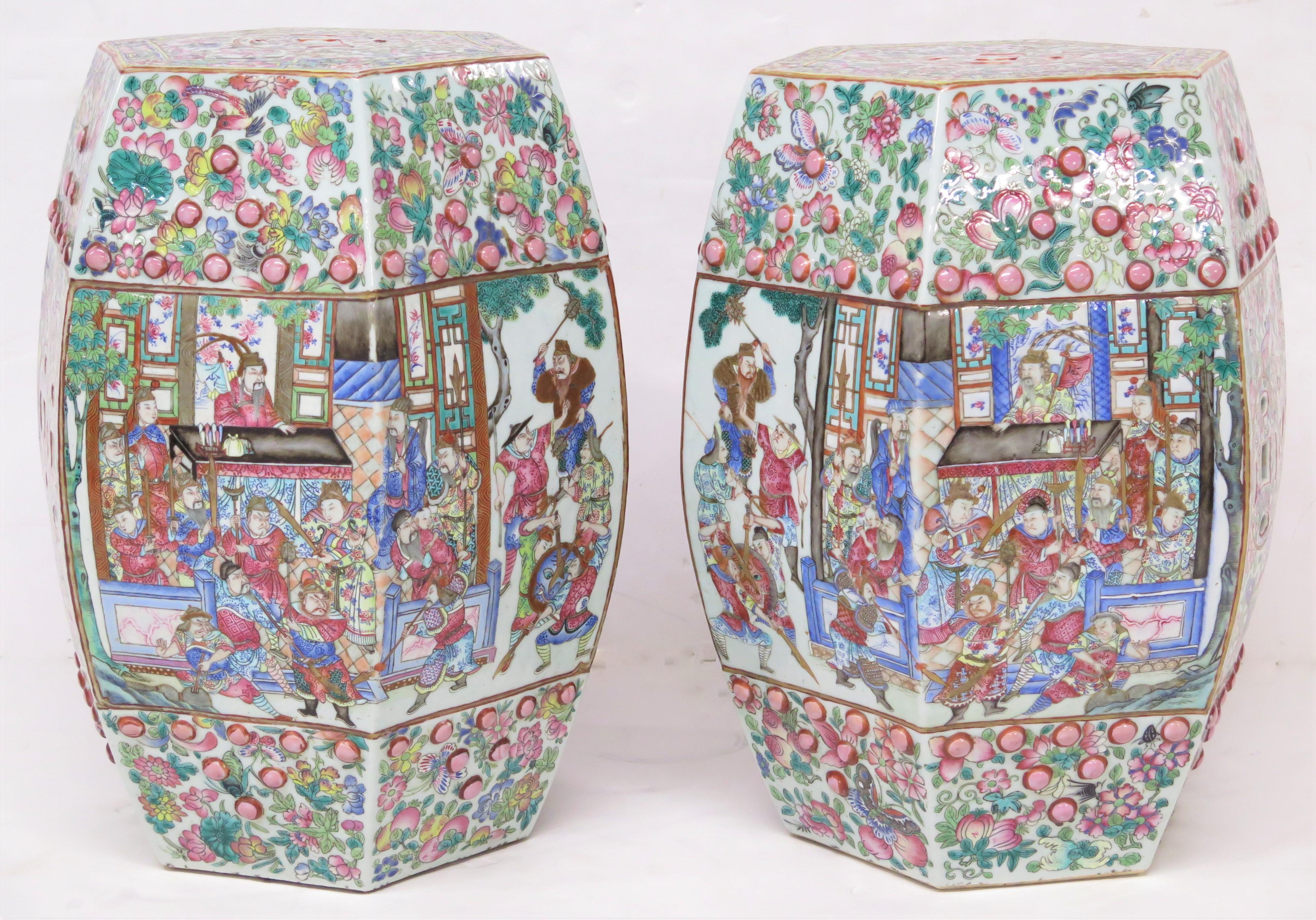 Pair of Antique Chinese Porcelain Faceted Barrel Shaped Garden Seats Family Rose In Good Condition For Sale In Dallas, TX