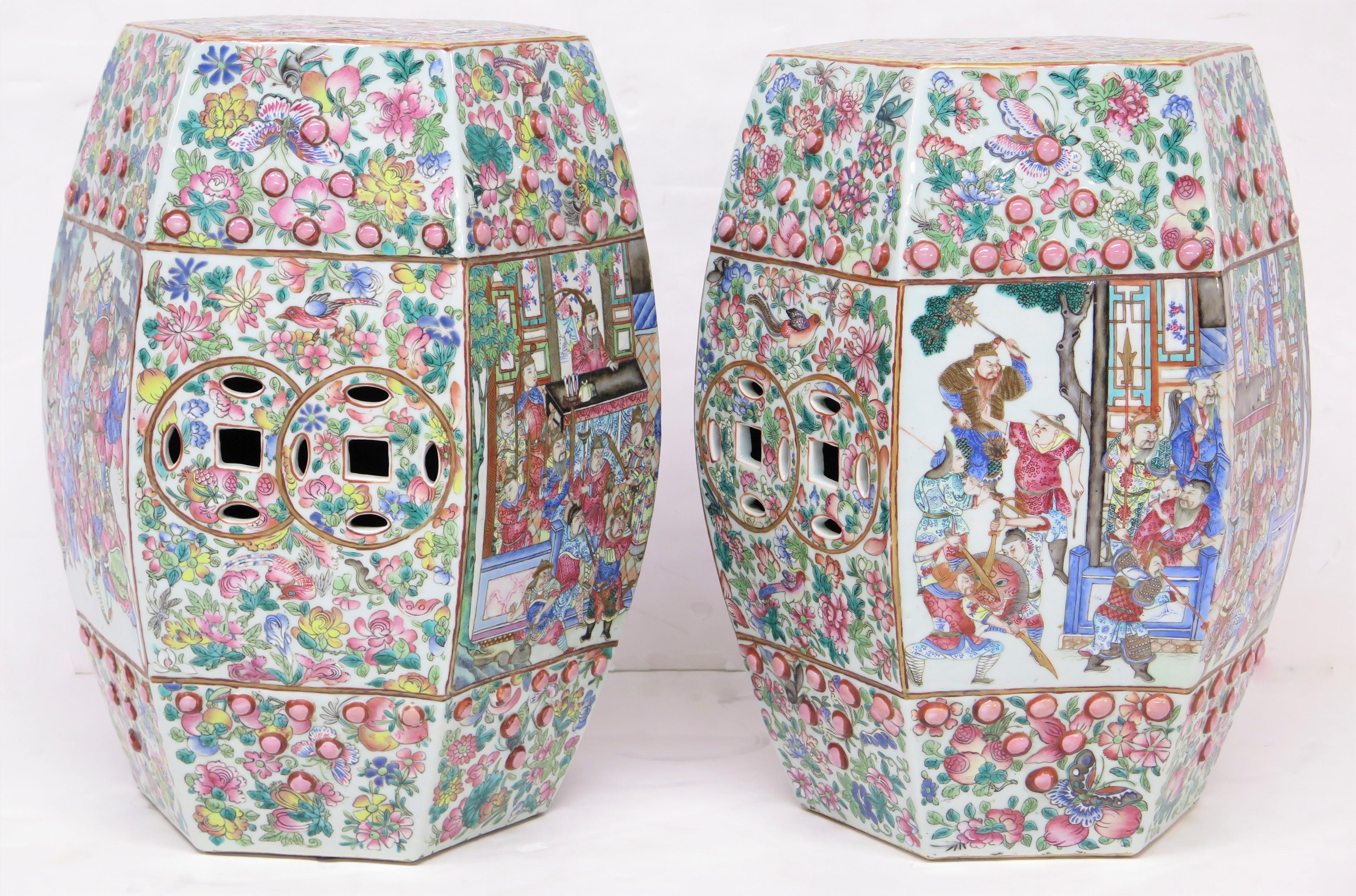 19th Century Pair of Antique Chinese Porcelain Faceted Barrel Shaped Garden Seats Family Rose For Sale