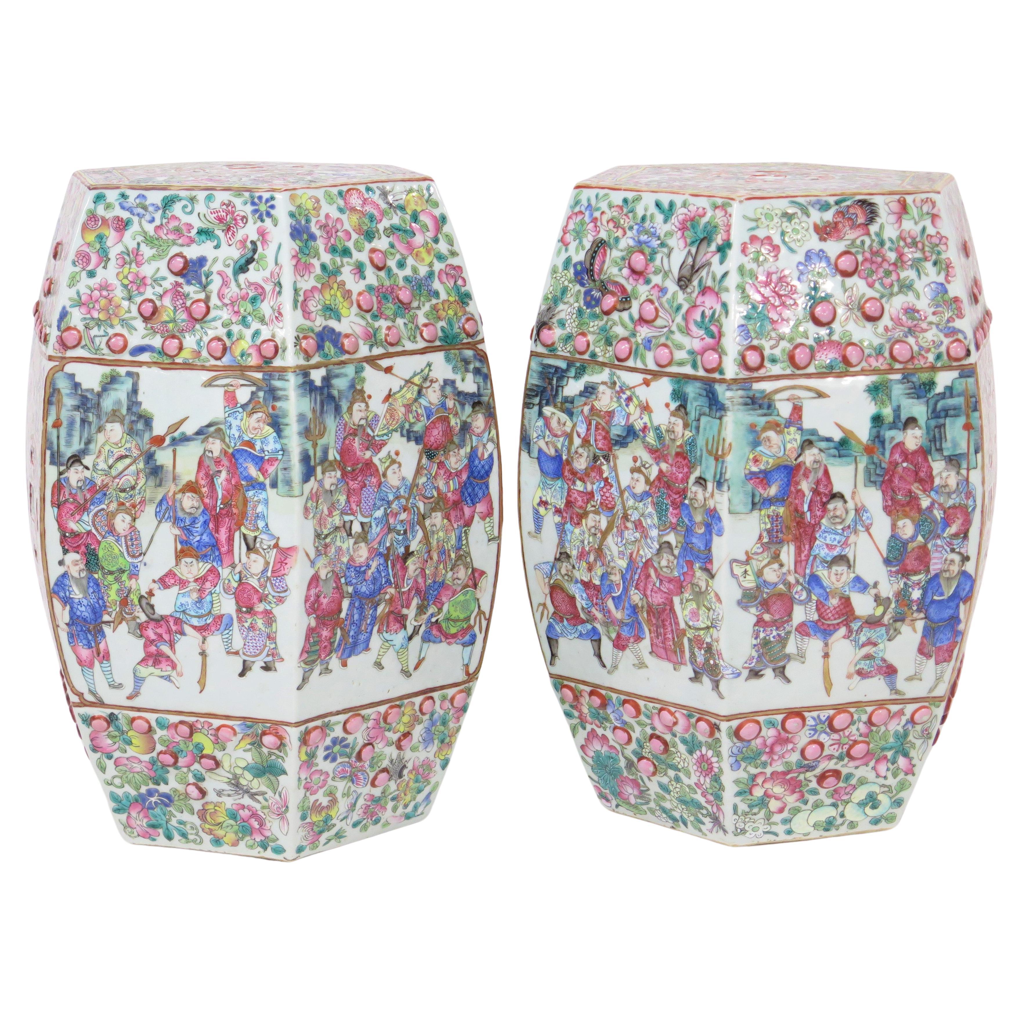 Pair of Antique Chinese Porcelain Faceted Barrel Shaped Garden Seats Family Rose For Sale
