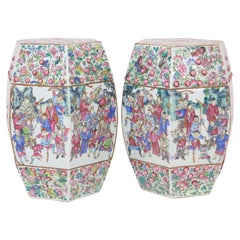 Pair of Antique Chinese Porcelain Faceted Barrel Shaped Garden Seats Family Rose