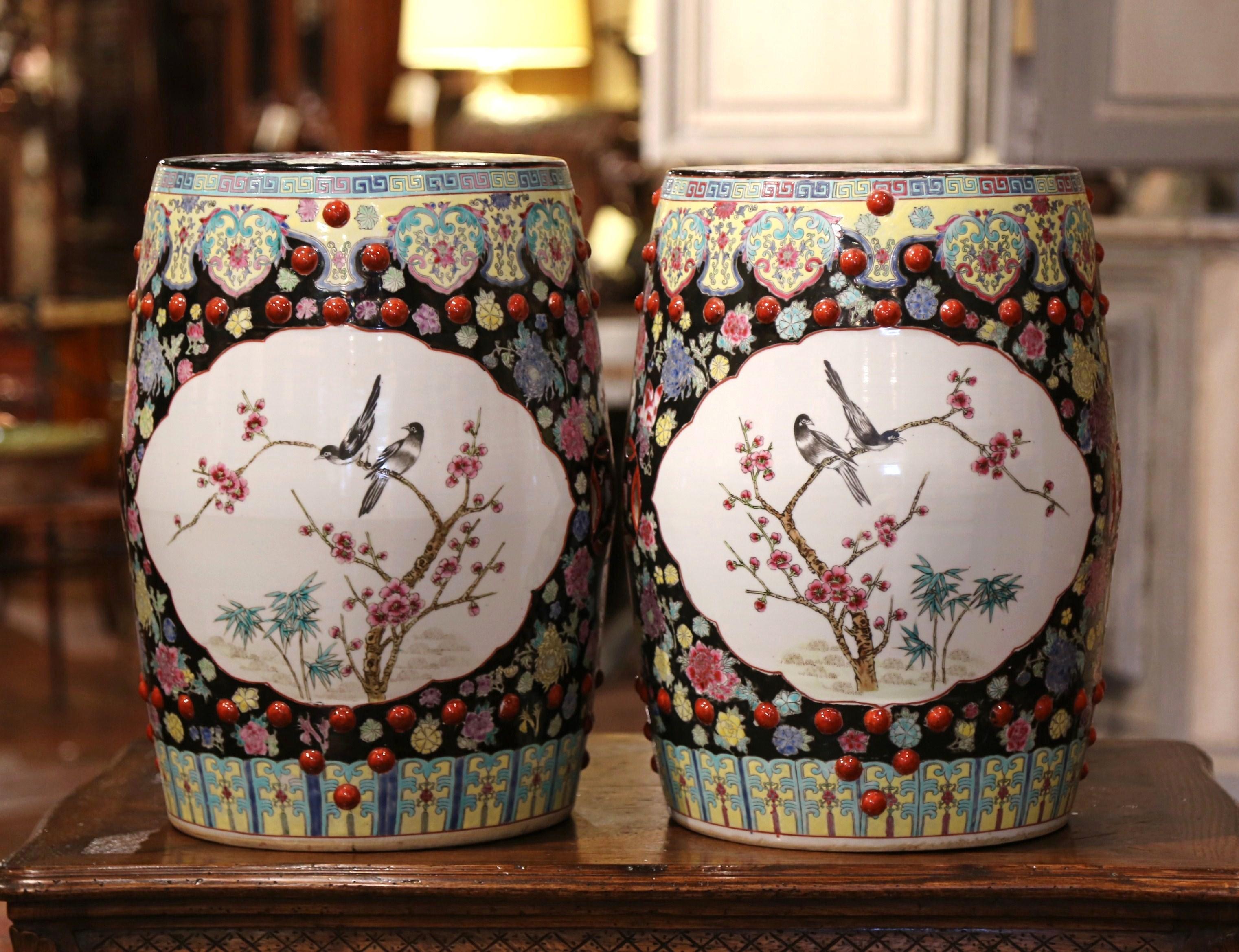 Hand-Painted Pair of Antique Chinese Porcelain Garden Stools with Bird and Floral Decor