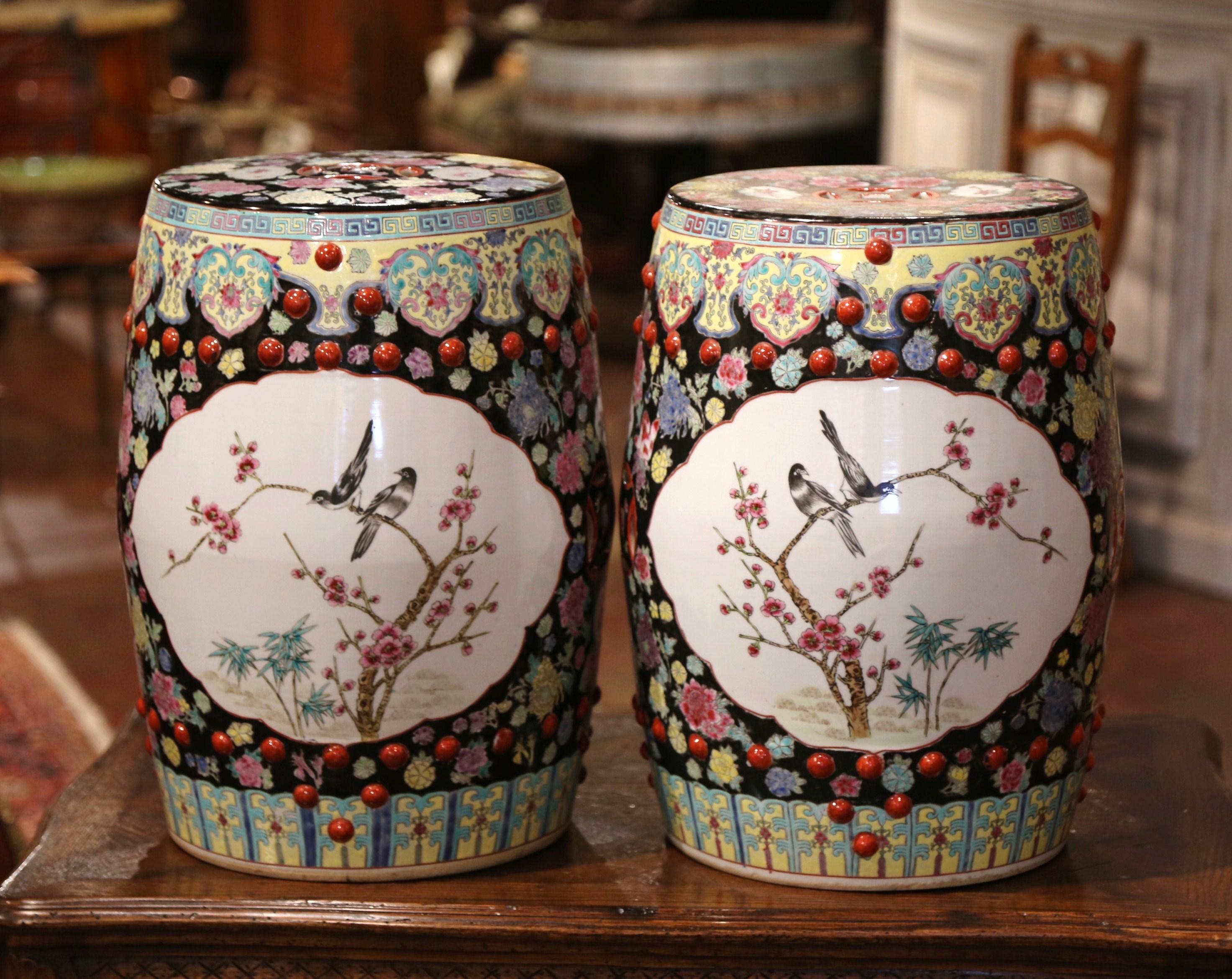 20th Century Pair of Antique Chinese Porcelain Garden Stools with Bird and Floral Decor