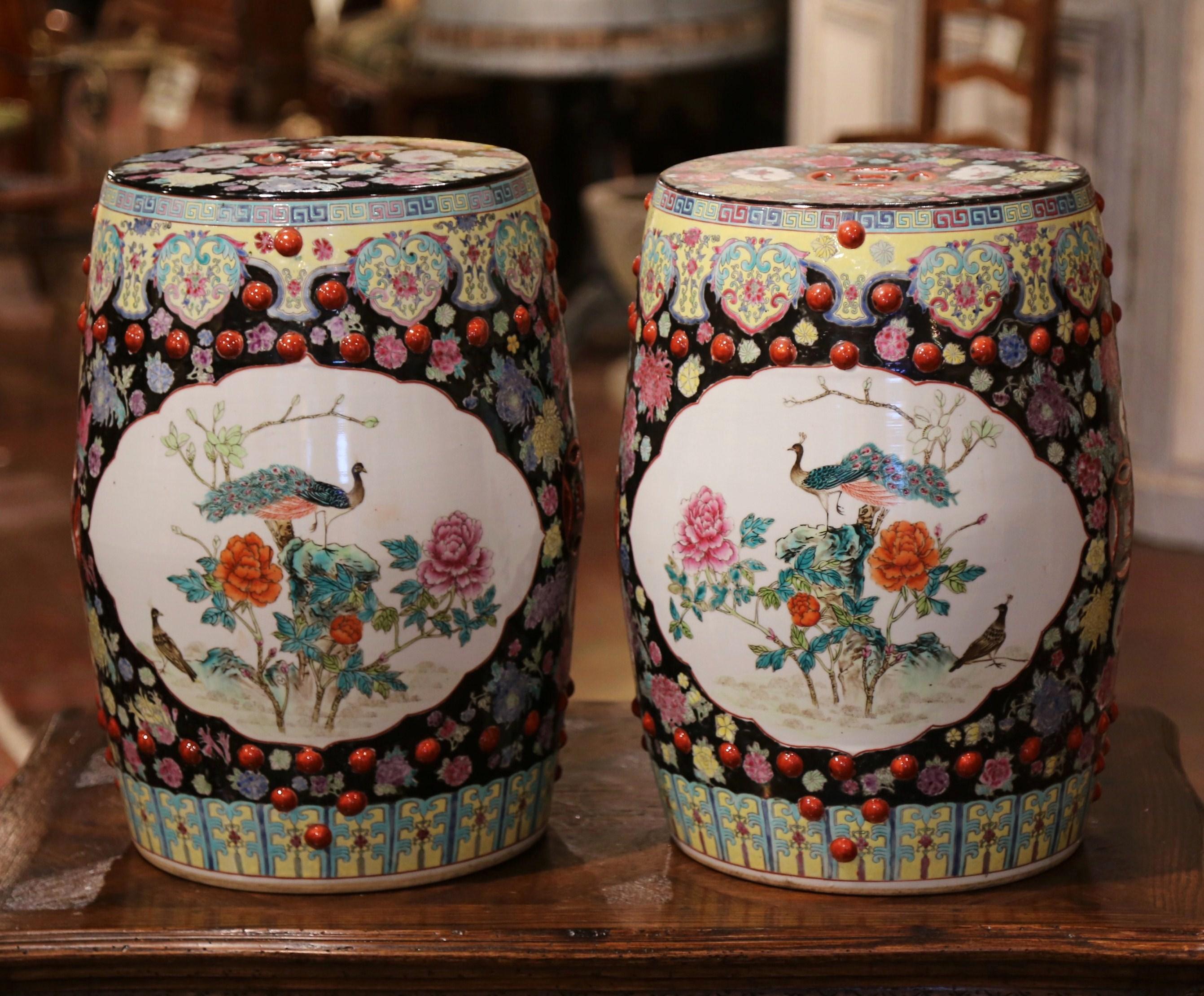 Pair of Antique Chinese Porcelain Garden Stools with Bird and Floral Decor 1