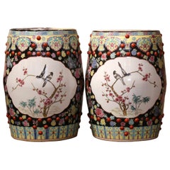 Pair of Antique Chinese Porcelain Garden Stools with Bird and Floral Decor