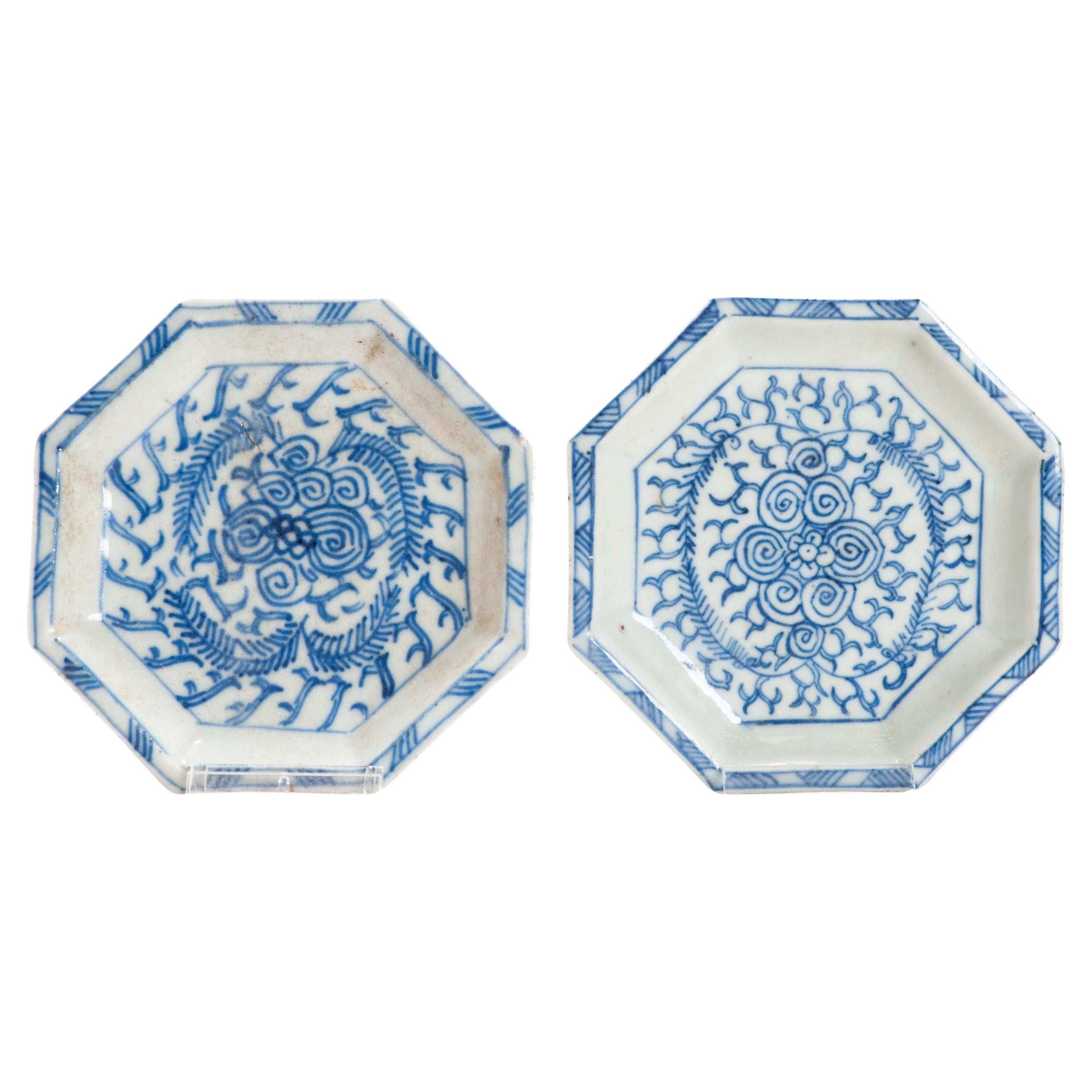 Pair of Antique Chinese Porcelain Kitchen Qing Dish Period Flowers Octagonal For Sale
