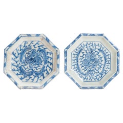 Pair of Antique Chinese Porcelain Kitchen Qing Dish Period Flowers Octagonal