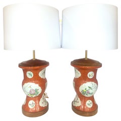 Pair of Antique Chinese Porcelain Zhadou Lamps With Famille Rose Design
