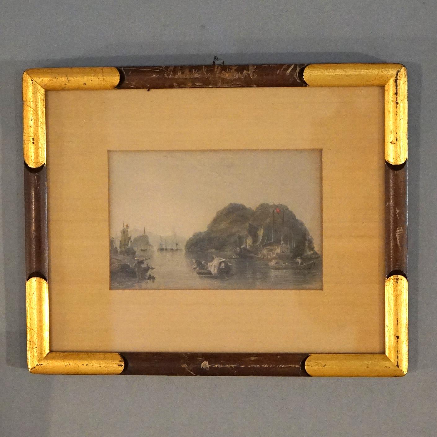 Pair of Antique Chinese Prints, Genre & Lake Scenes, Framed, C1920 In Good Condition For Sale In Big Flats, NY