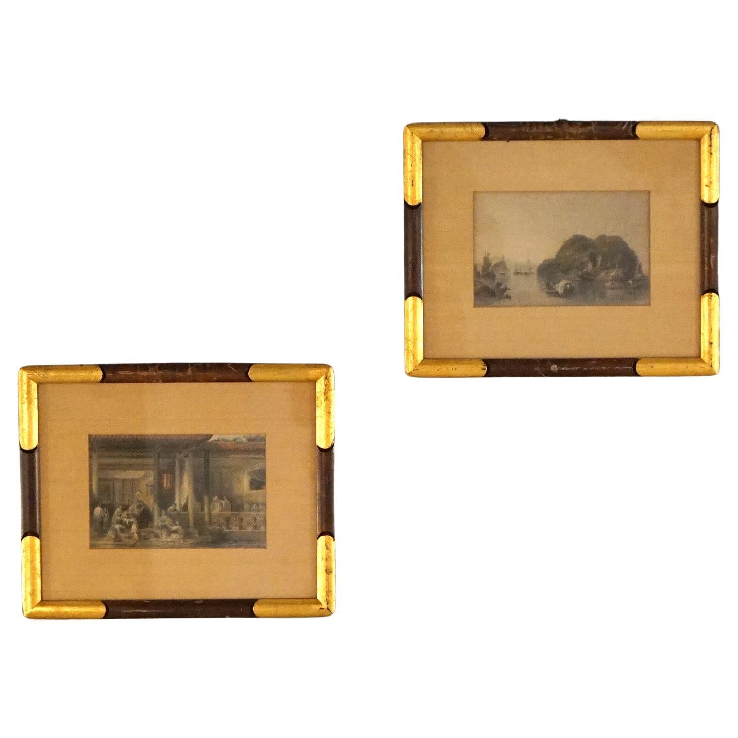 Pair of Antique Chinese Prints, Genre & Lake Scenes, Framed, C1920 For Sale