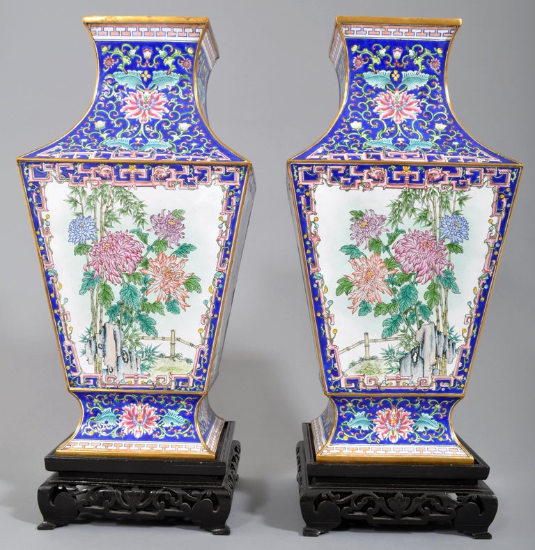 Pair of Antique Chinese Qing Dynasty Canton Enamel on Copper Vases