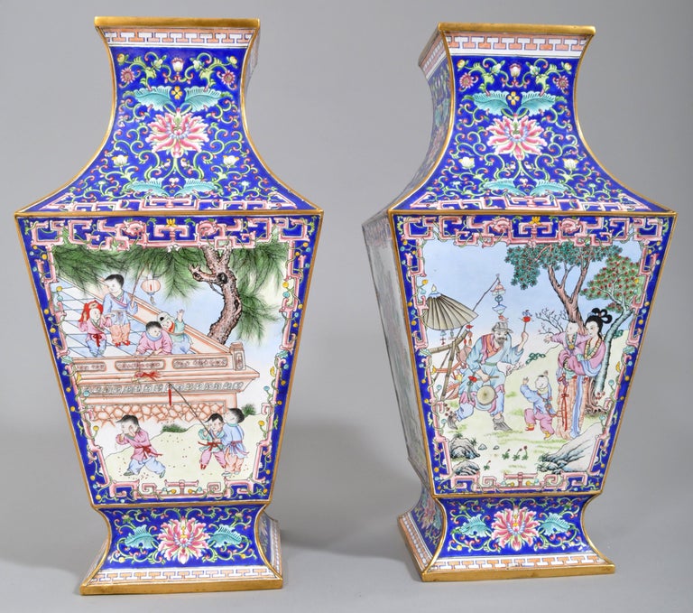Pair of Antique Chinese Qing Dynasty Canton Enamel on Copper Vases