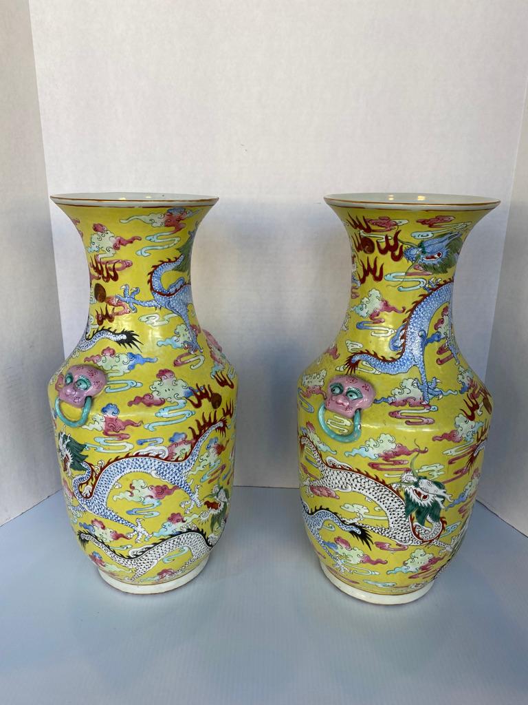 Hand-Crafted Pair of Antique Chinese Qing Dynasty Dragon Vases