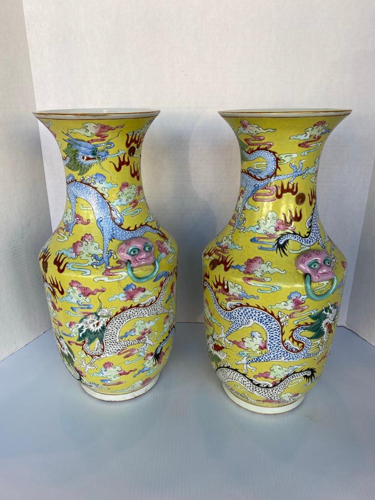 Pair of Antique Chinese Qing Dynasty Dragon Vases In Good Condition In Sarasota, FL