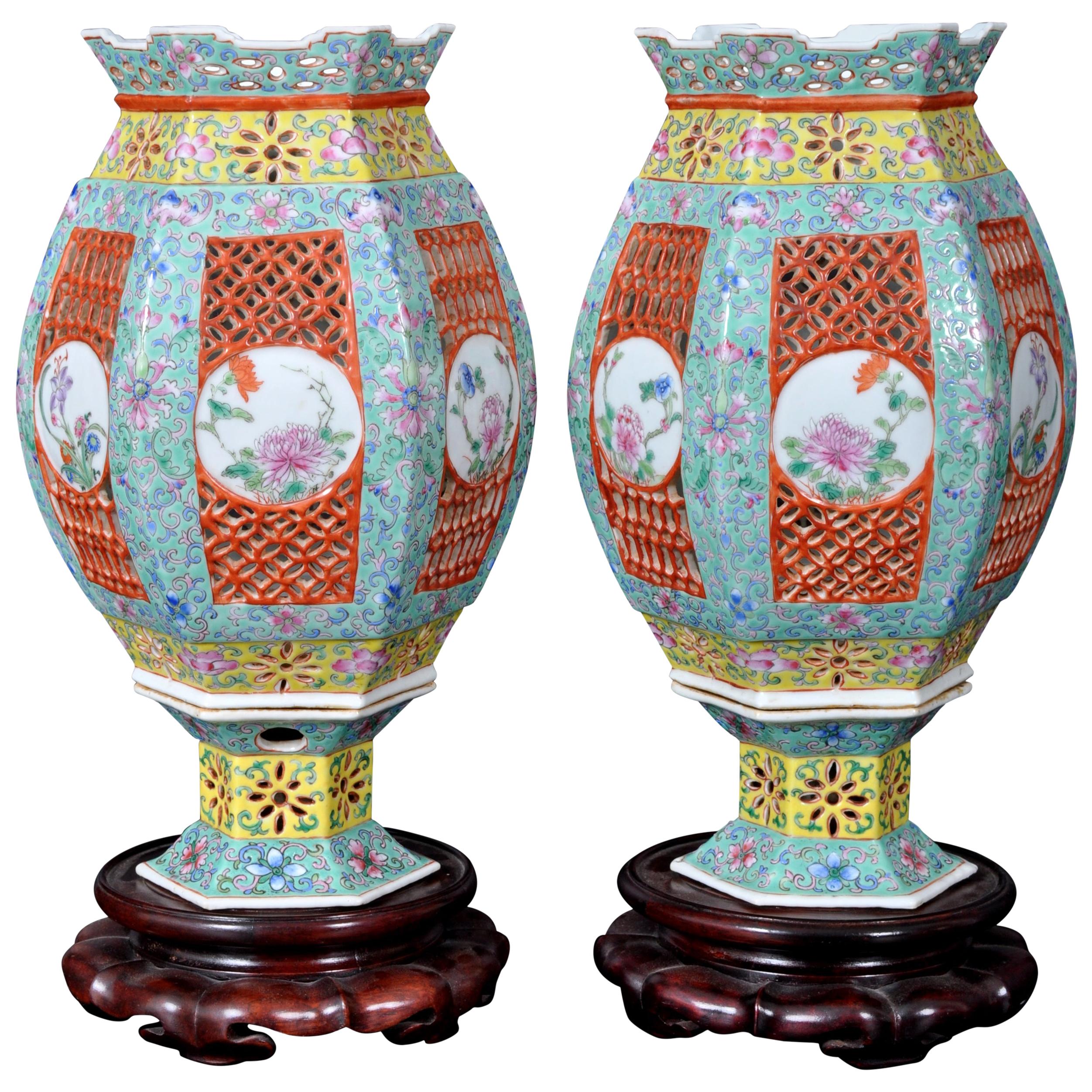 Pair of Antique Chinese Republican Period Imperial Porcelain Wedding Lanterns