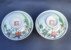 Pair of Antique Chinese Qing Dynasty Porcelain Covered Bowls – Children at Play
