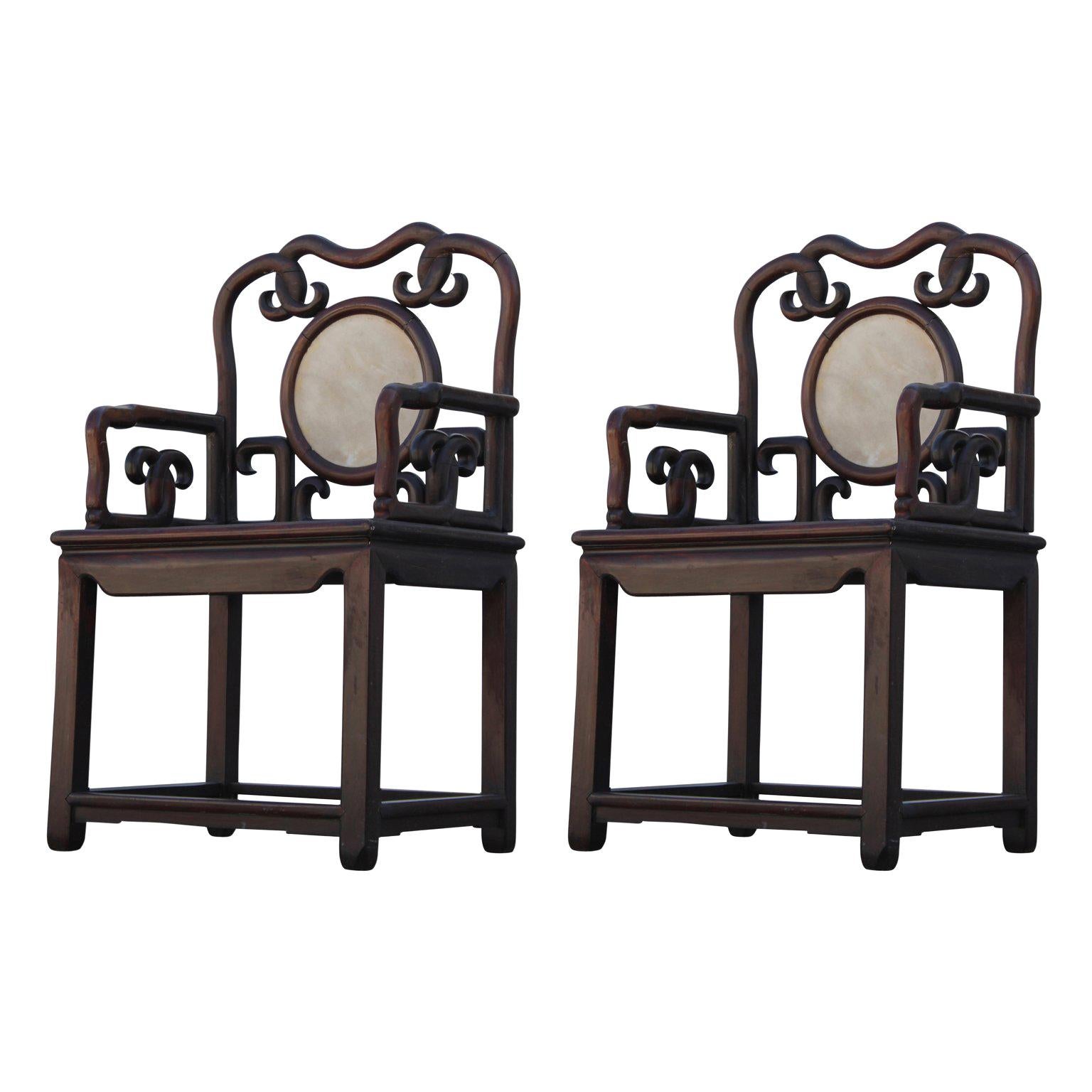 Pair of Antique Chinese Qing Dynasty Rosewood Hongmu Armchairs Marble Backs