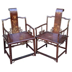 Pair of Antique Chinese Red Lacquer Arm Chairs, 19th Century