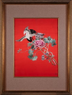 Pair of Antique Chinese Red Silk Embroidered Chair Drapes, Late Qing Dynasty