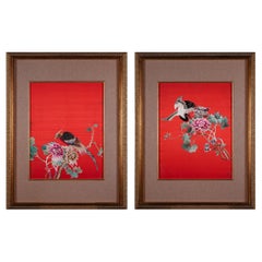 Pair of Antique Chinese Red Silk Embroidered Chair Drapes, Late Qing Dynasty