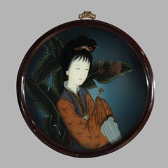 Pair Of Antique Chinese Reverse Painted Circular Portrait Wall Panels c1920