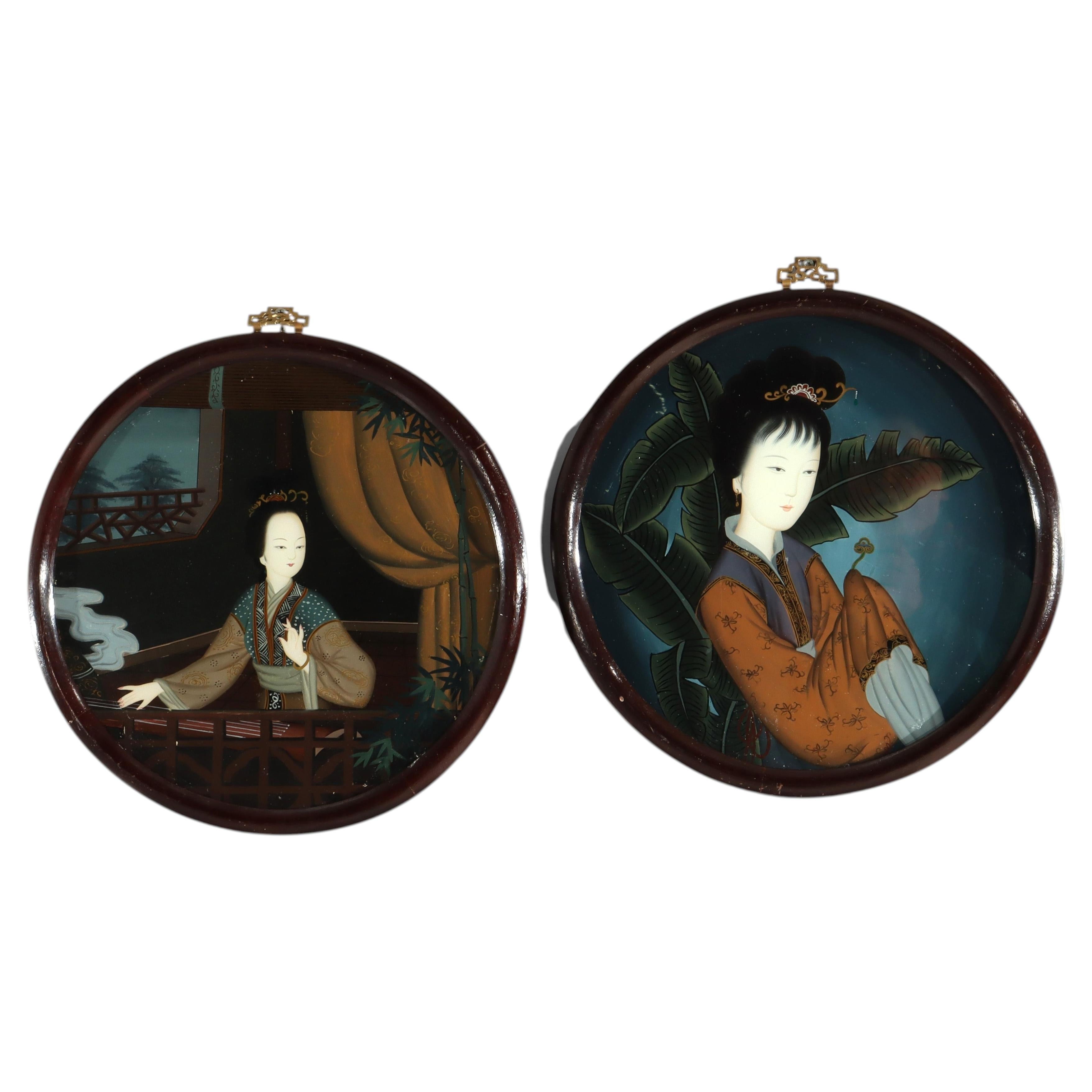 Pareja De Antiguos Paneles Murales De Retrato Circulares Chinos Pintados al Revés c1920 en venta