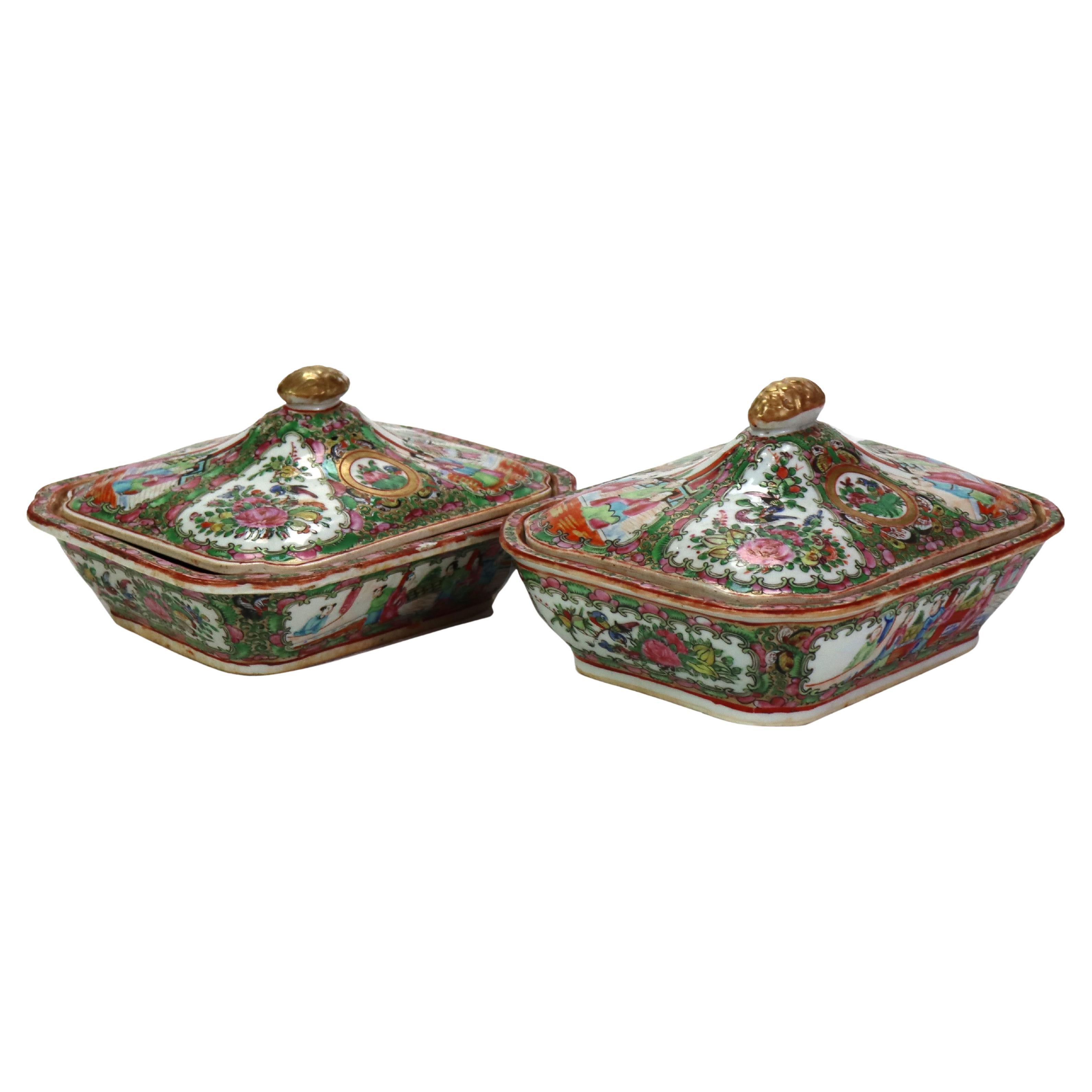 Pair of Antique Chinese Rose Medallion Covered Porcelain Vegetable Dishes C1900