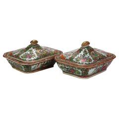 Pair of Vintage Chinese Rose Medallion Covered Porcelain Vegetable Dishes C1900