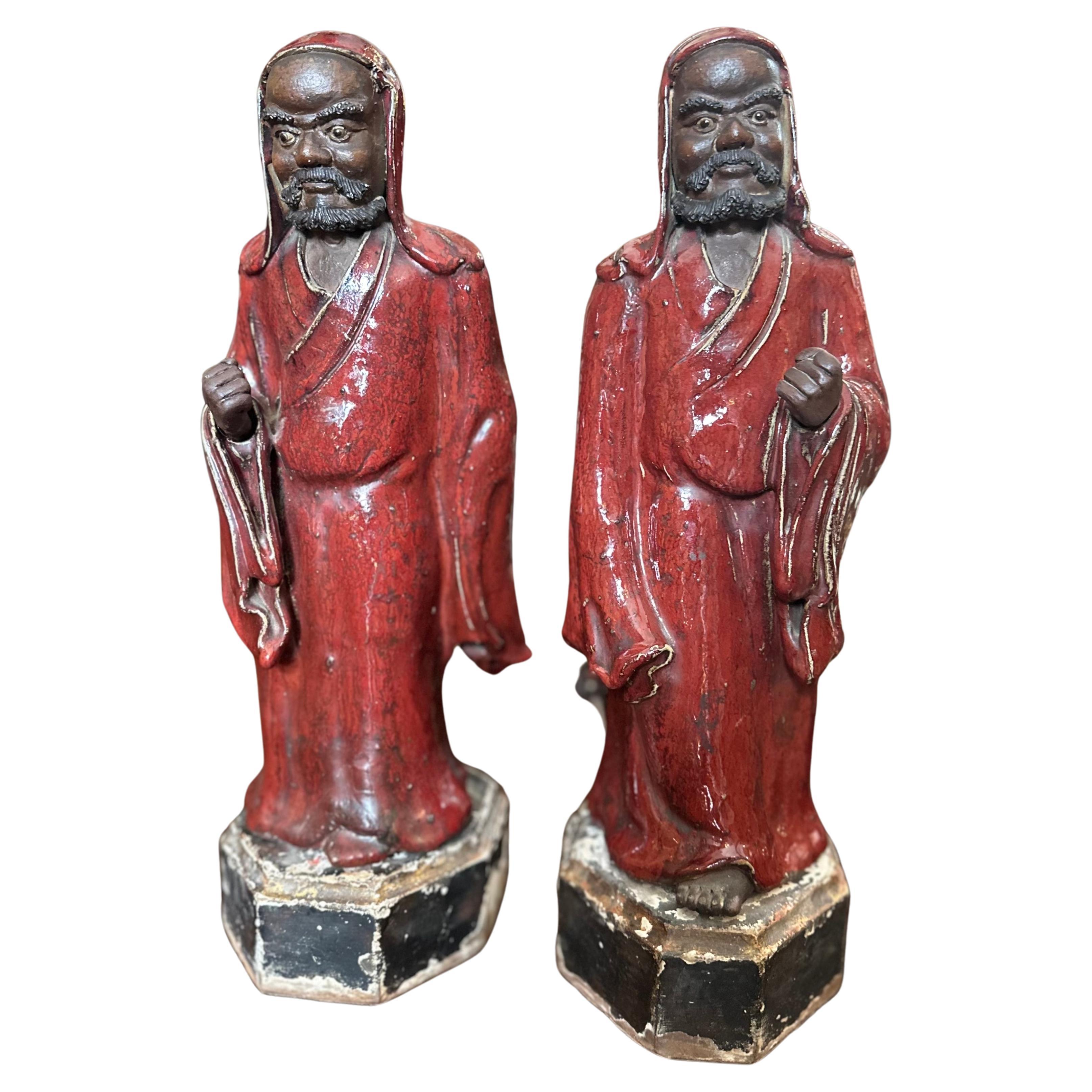 Pair of Antique Chinese Shiwan Ware Pottery Statue Lamps  For Sale
