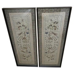 Pair of Antique Chinese Silk and Metal Thread Tapestries 1900 Koi Carp