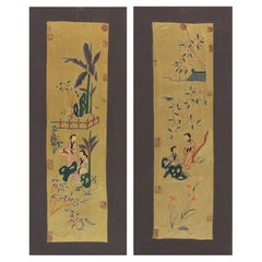 Pair of Antique Chinese Silk Textiles Women Within Gardens Design, 1920-1950
