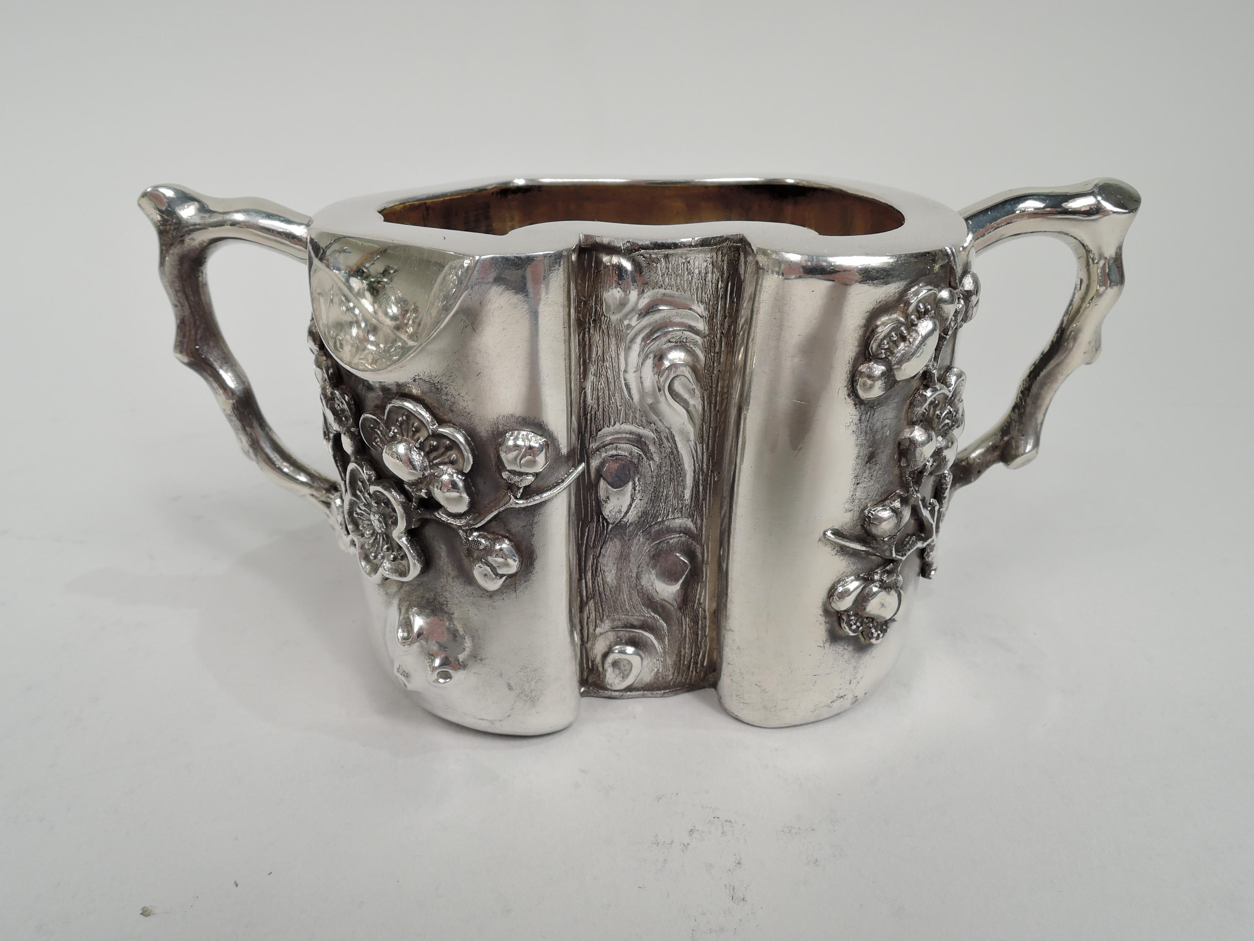 20th Century Pair of Antique Chinese Silver Blossoming Branch Creamer & Sugar