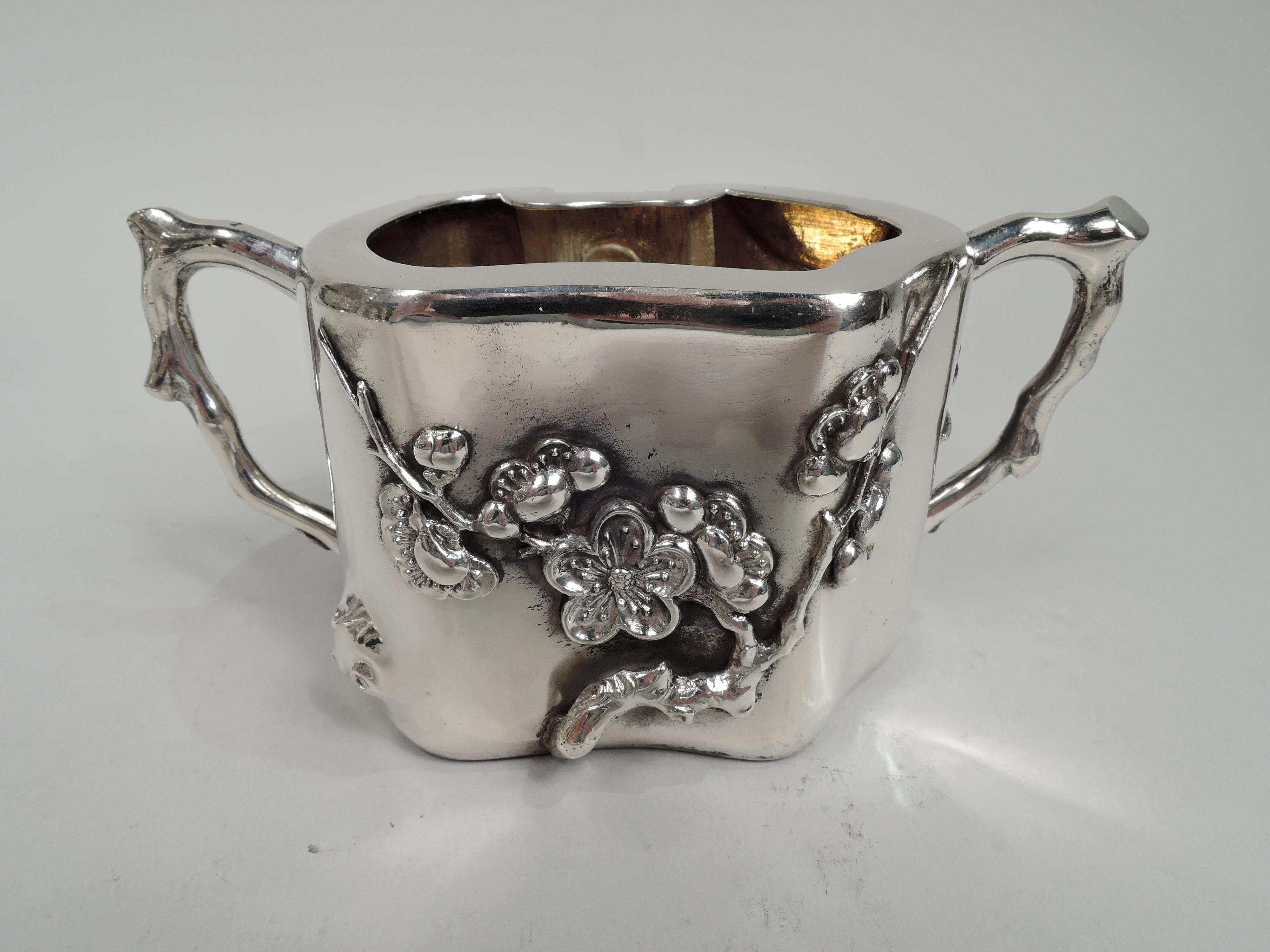 Pair of Antique Chinese Silver Blossoming Branch Creamer & Sugar 1
