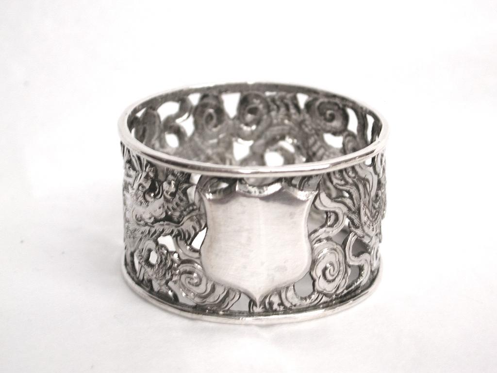 Pair of antique Chinese silver dragon napkin rings
Dated circa 1900.
Hand pierced depicting dragons and clouds.
