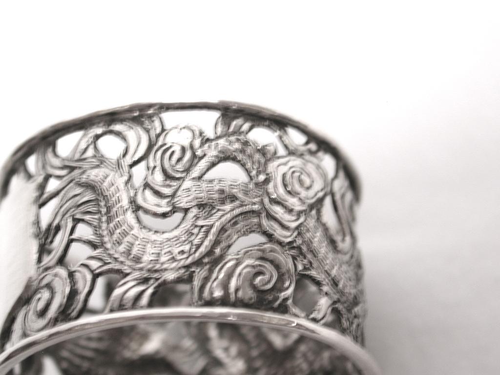 Chinese Export Pair of Antique Chinese Silver Dragon Napkin Rings, circa 1900
